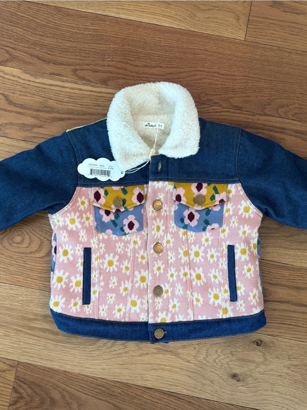 NWT Toddler Jean Jacket with Pink Floral Panel and Sherpa Collar